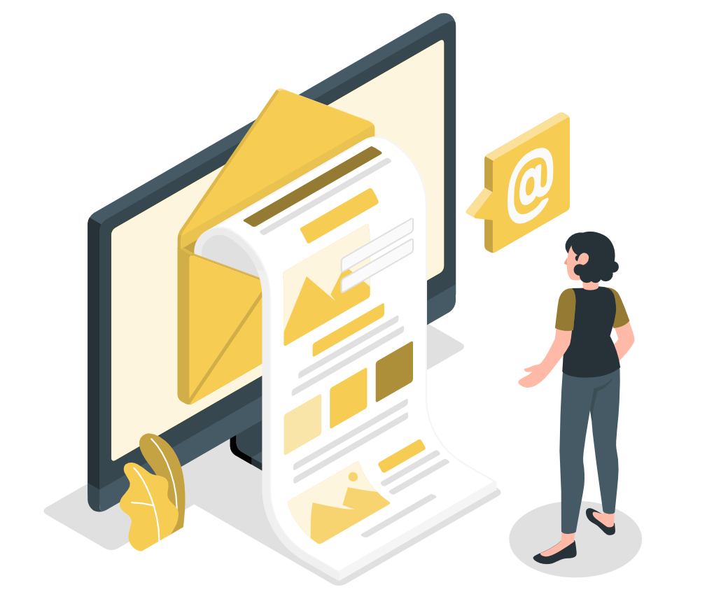 Concept of Customer phone and email support. Illustratiuon of a busy woman sitting at an office desk speaking on the phone and handing a letter to a dove