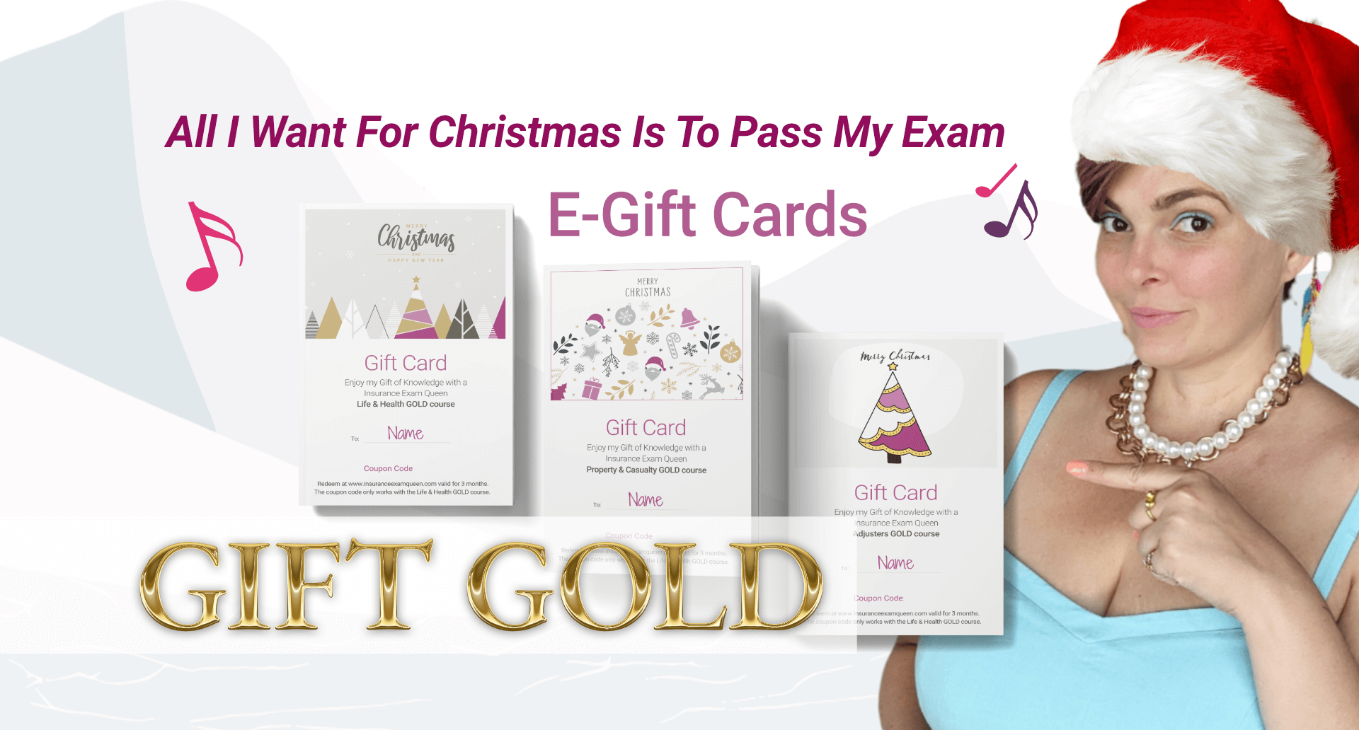 a young woman wearing a santa hat pointing at 3 gift card mockups with the words 'all i want for christmas is to pass my exam'