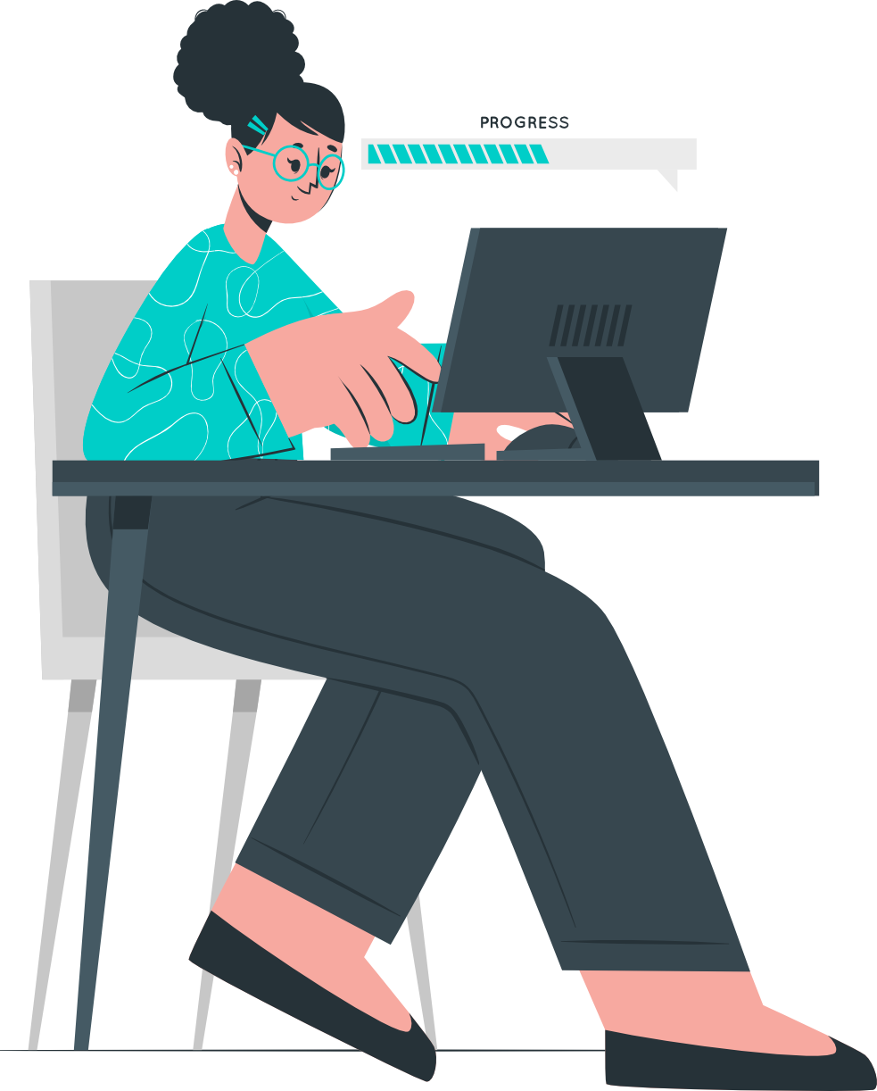 Female cartoon character sitting on a laptop with a progress bar illustrating a 50percent progress