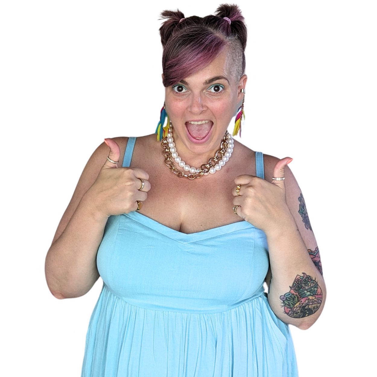 Portrait of short haired happy young woman wearing a strappy light blue dress giving the thumbs up